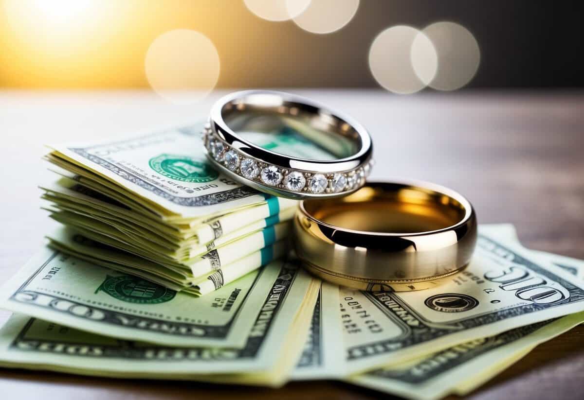 A wedding ring and a stack of bills merge into one, symbolizing the merging of debts in marriage