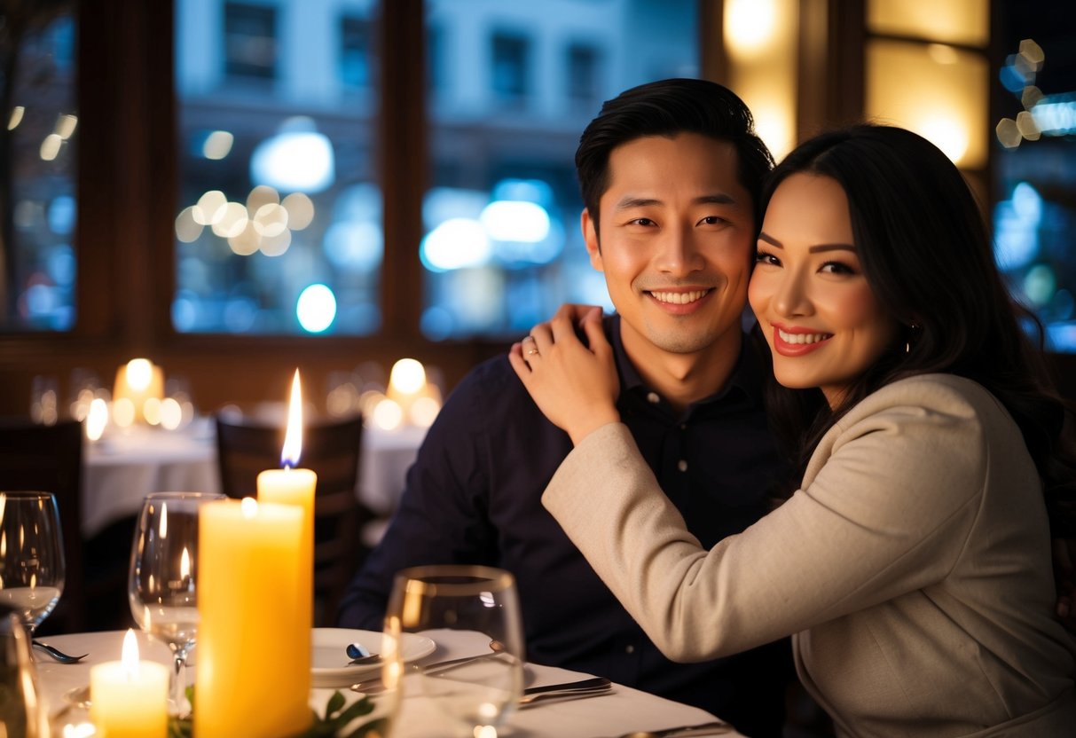 A cozy restaurant with a candlelit table, a sparkling ring, and a couple smiling and embracing