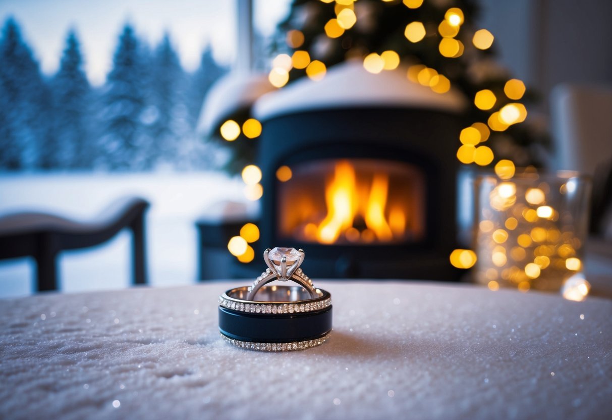 A cozy winter scene with a snow-covered landscape, a warm fireplace, and a sparkling ring on a table