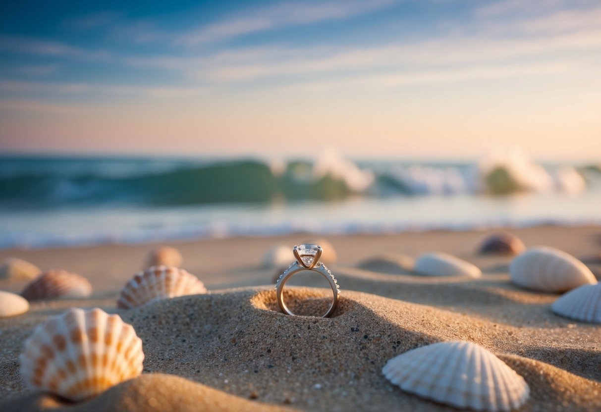A serene beach at sunset, with a solitary engagement ring resting on the sand, surrounded by seashells and gentle waves