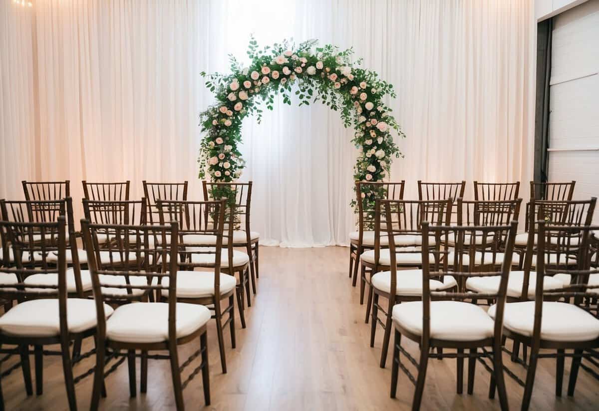 A beautifully decorated wedding venue with rows of empty chairs and a floral arch at the front