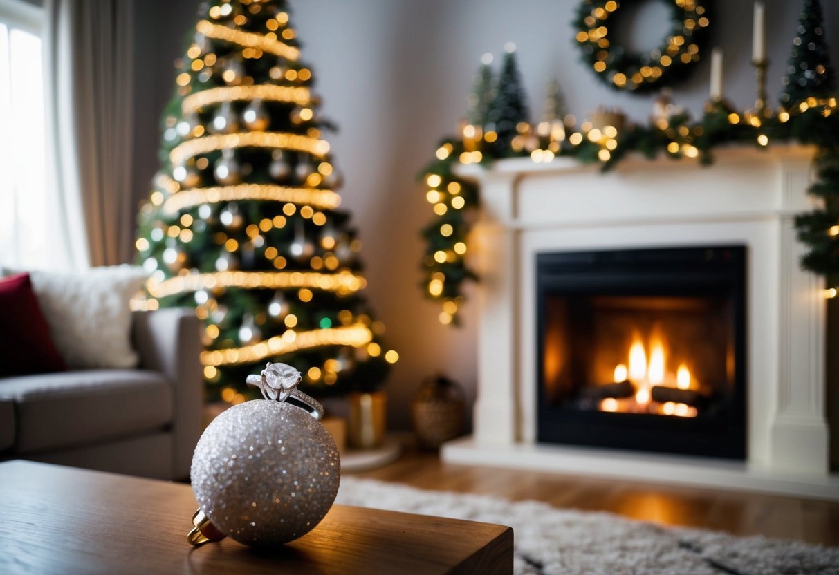 A cozy living room with a crackling fireplace and twinkling holiday decorations, a sparkling ring nestled in a festive ornament