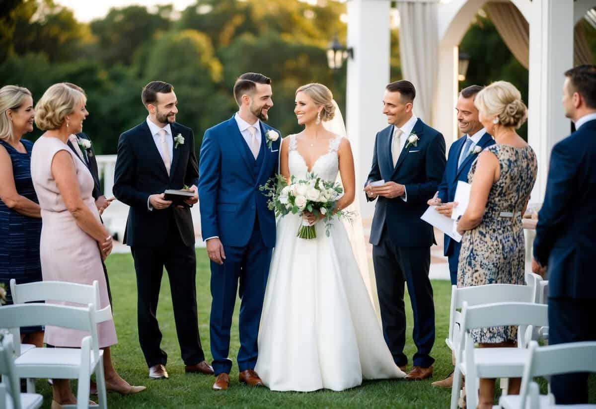 A bride and groom standing at a wedding venue, surrounded by vendors discussing payment plans and installments