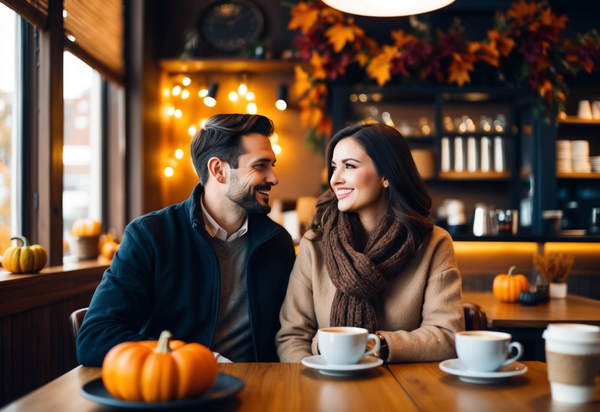 A cozy coffee shop in November, with a couple sitting at a table, surrounded by warm lighting and autumn decor