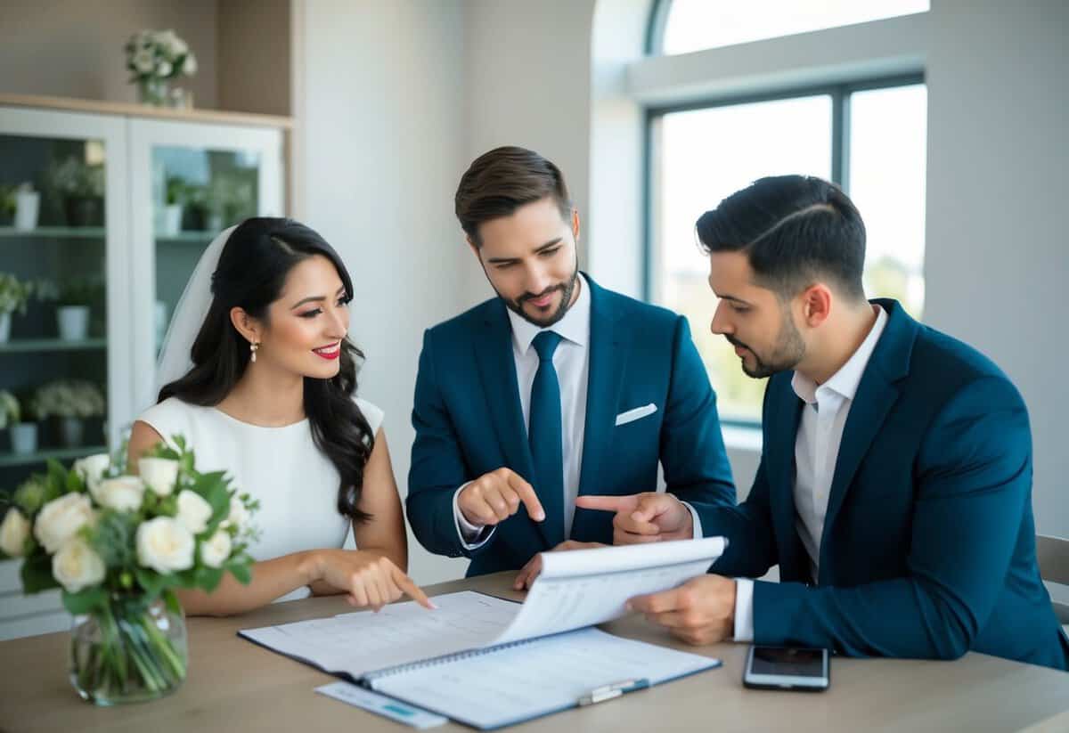 A couple discussing wedding payments with a financial advisor, pointing to a calendar and making notes on a budget worksheet