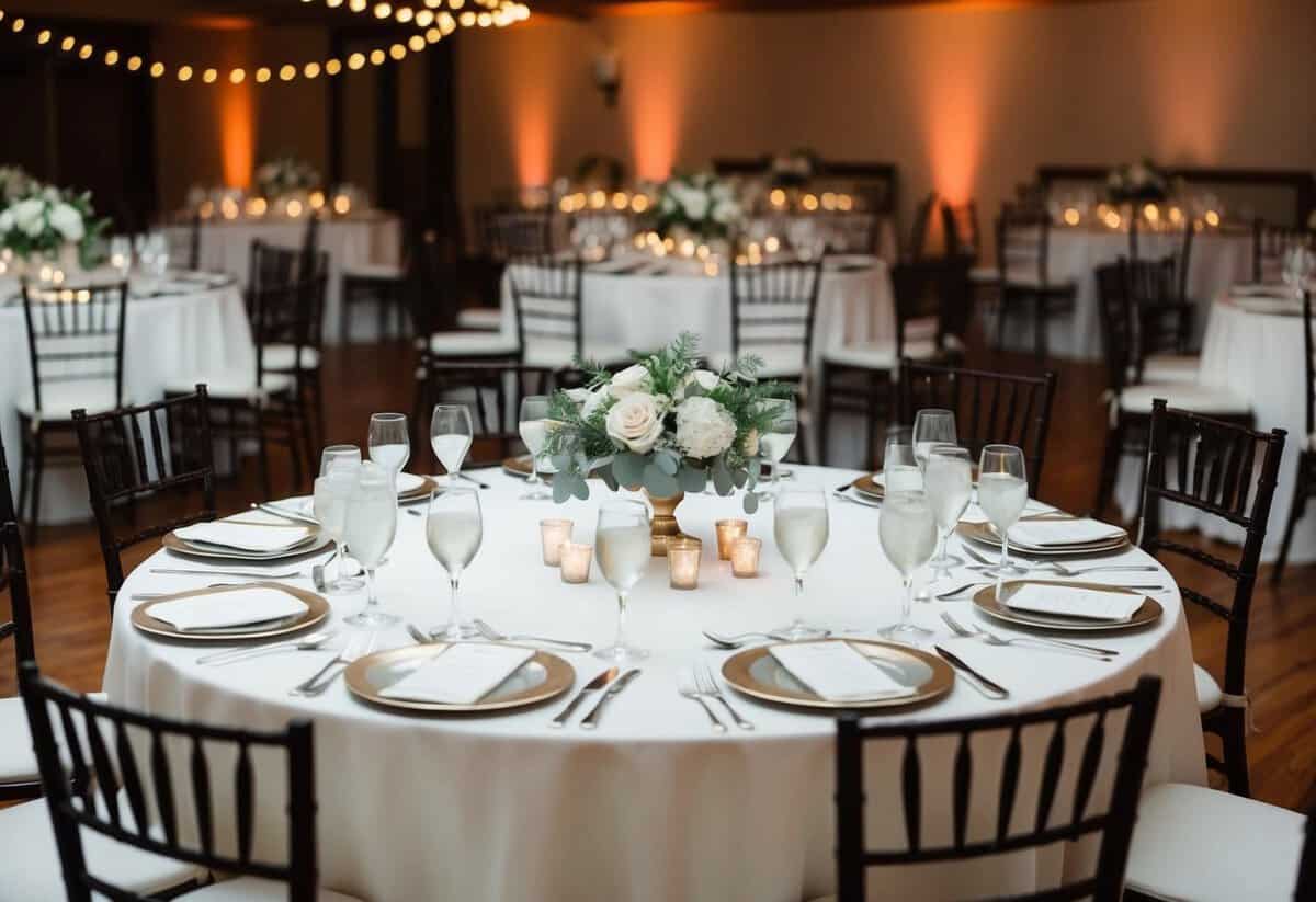 A table set for a wedding reception, with place settings and chairs arranged for guests