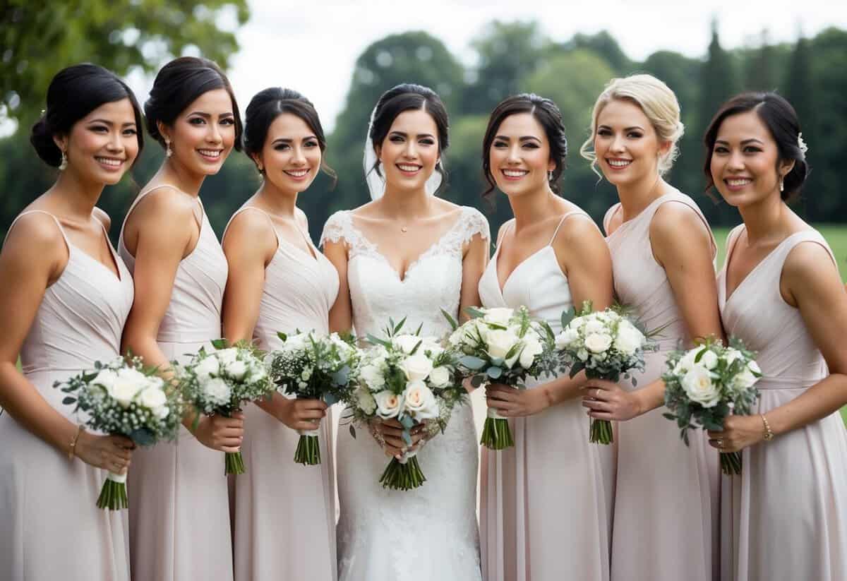 A group of sisters in matching dresses stand together, holding bouquets and smiling as they support their sibling on her wedding day