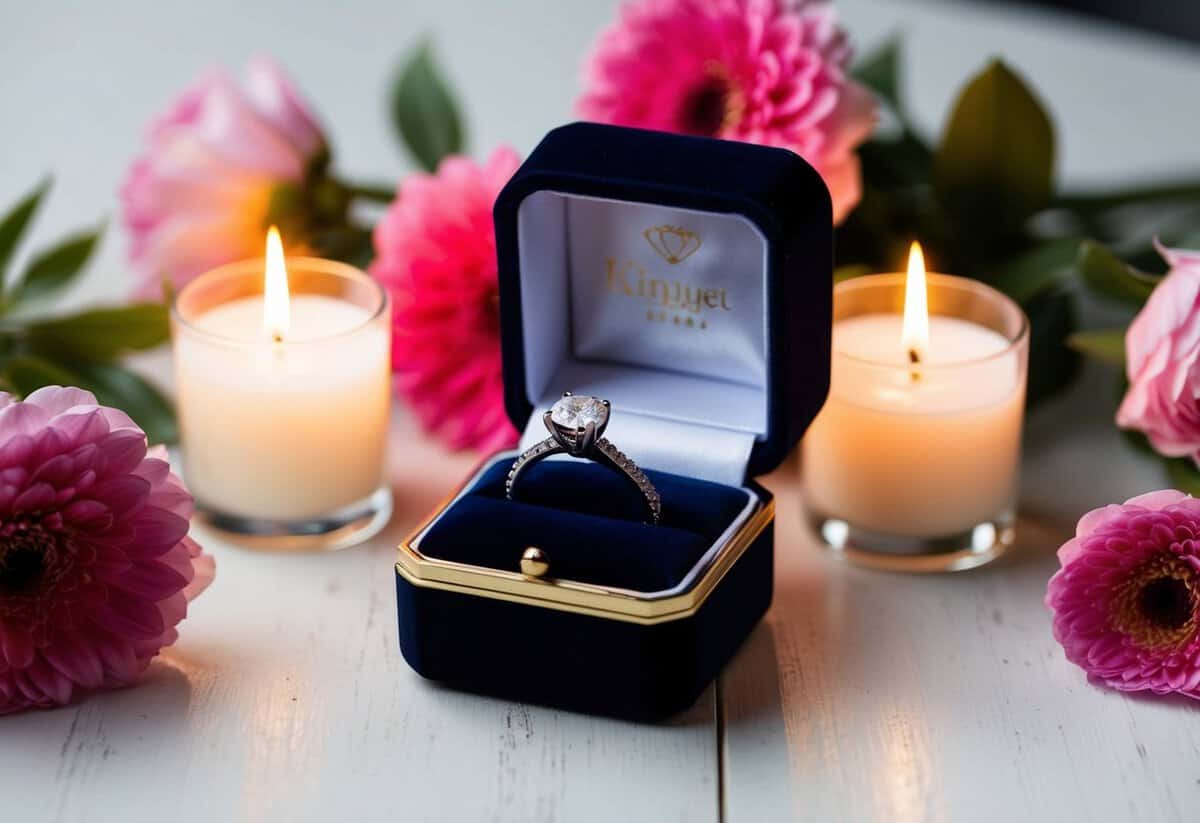 A ring box open with a sparkling engagement ring inside, surrounded by flowers and candles