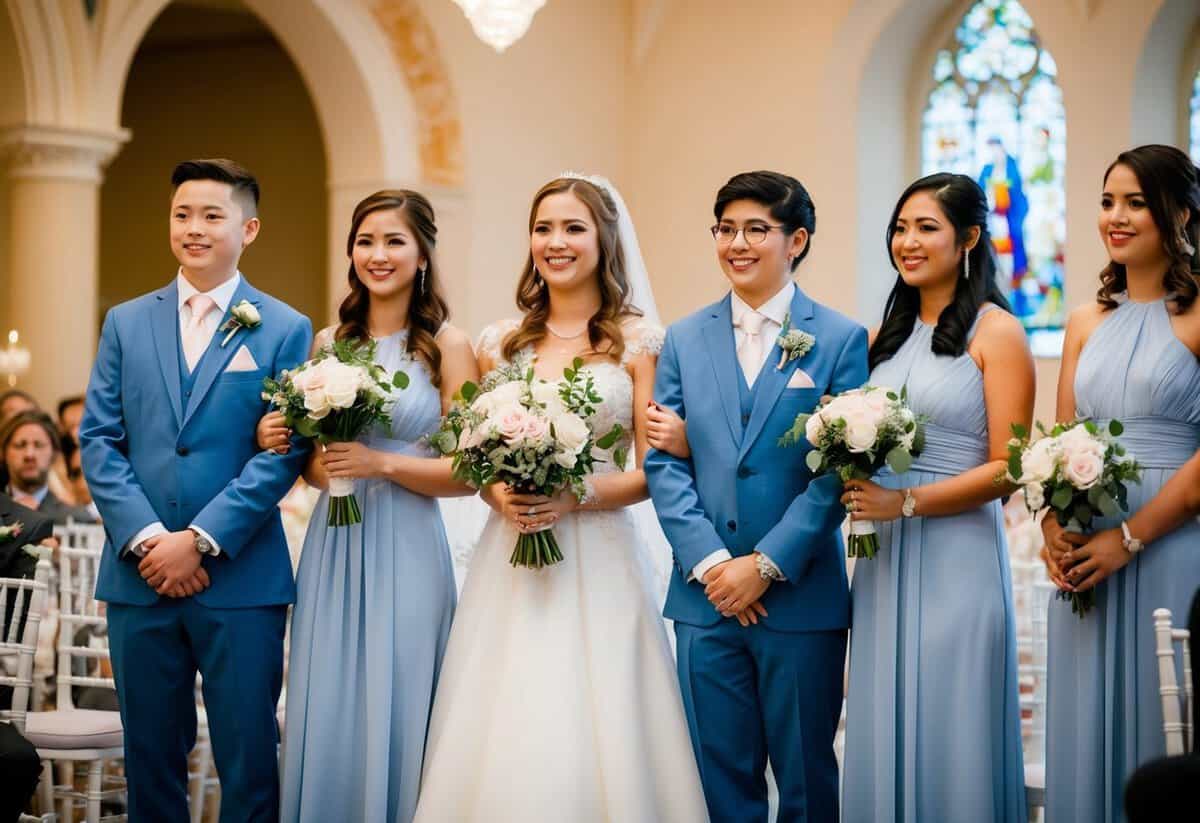 A bride and her siblings stand together, holding bouquets, as they participate in a meaningful wedding ceremony