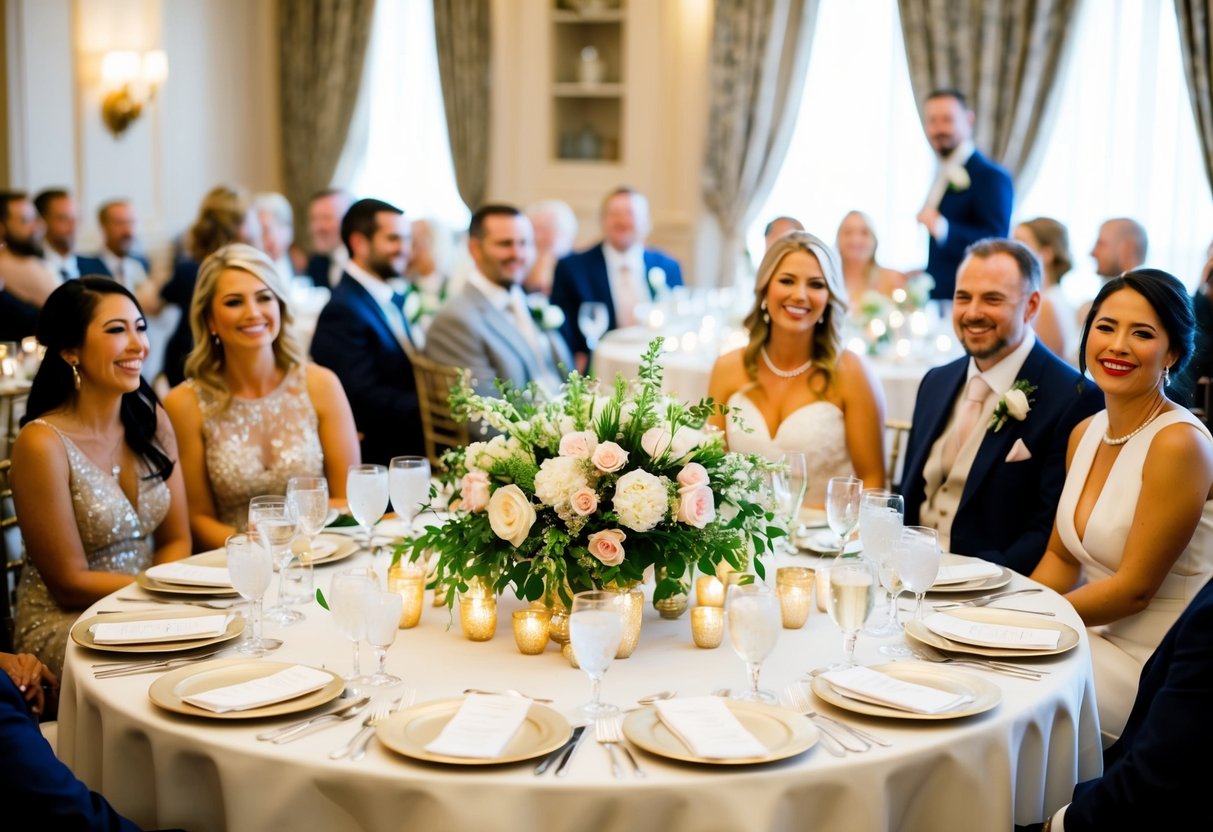 A wedding banquet table with elegant decor and a lavish floral centerpiece, surrounded by smiling guests enjoying a celebratory atmosphere