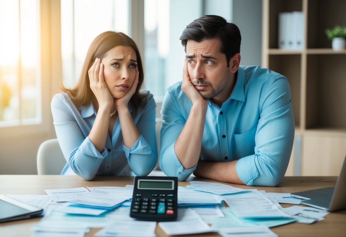 A couple stands before a table covered in receipts, invoices, and a calculator, with a worried expression on their faces