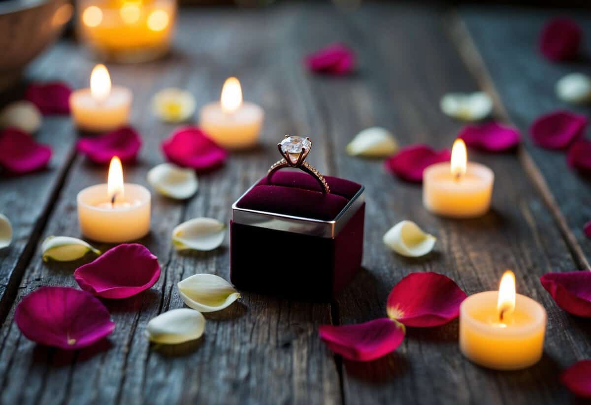 A sparkling engagement ring sits on a velvet box, surrounded by scattered rose petals and flickering candles on a rustic wooden table