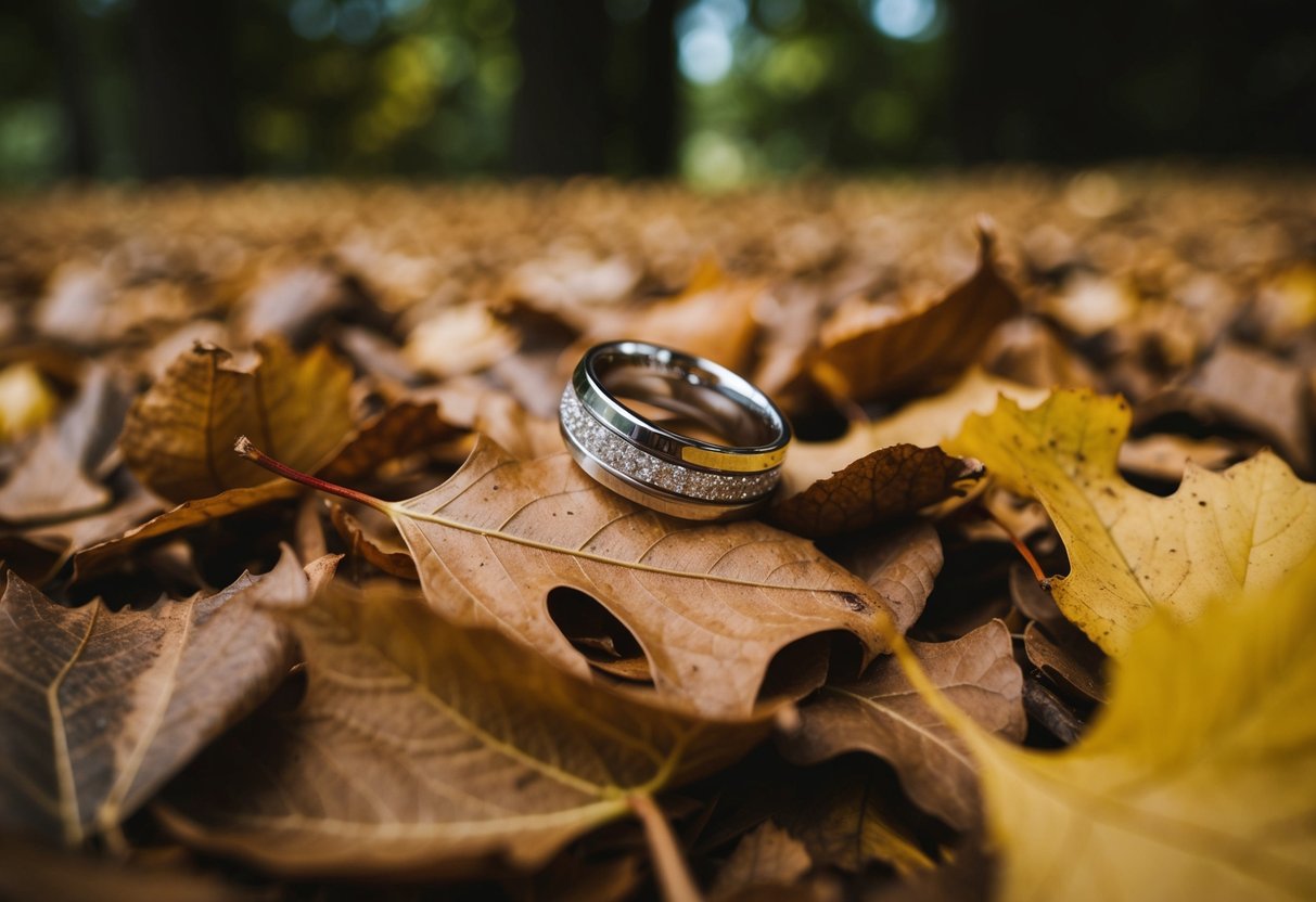 A wedding ring discarded in a pile of fallen leaves