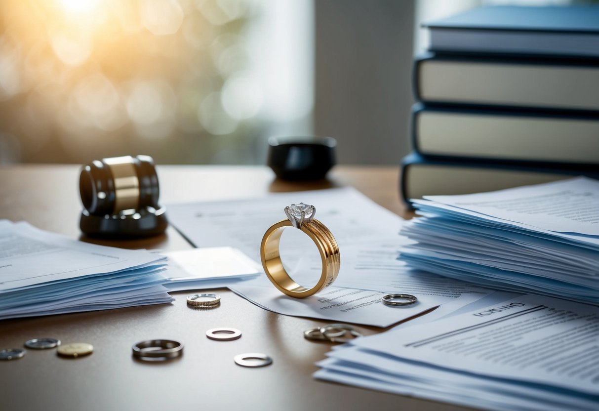A broken wedding ring lies on a table, surrounded by scattered legal documents and a stack of divorce statistics reports