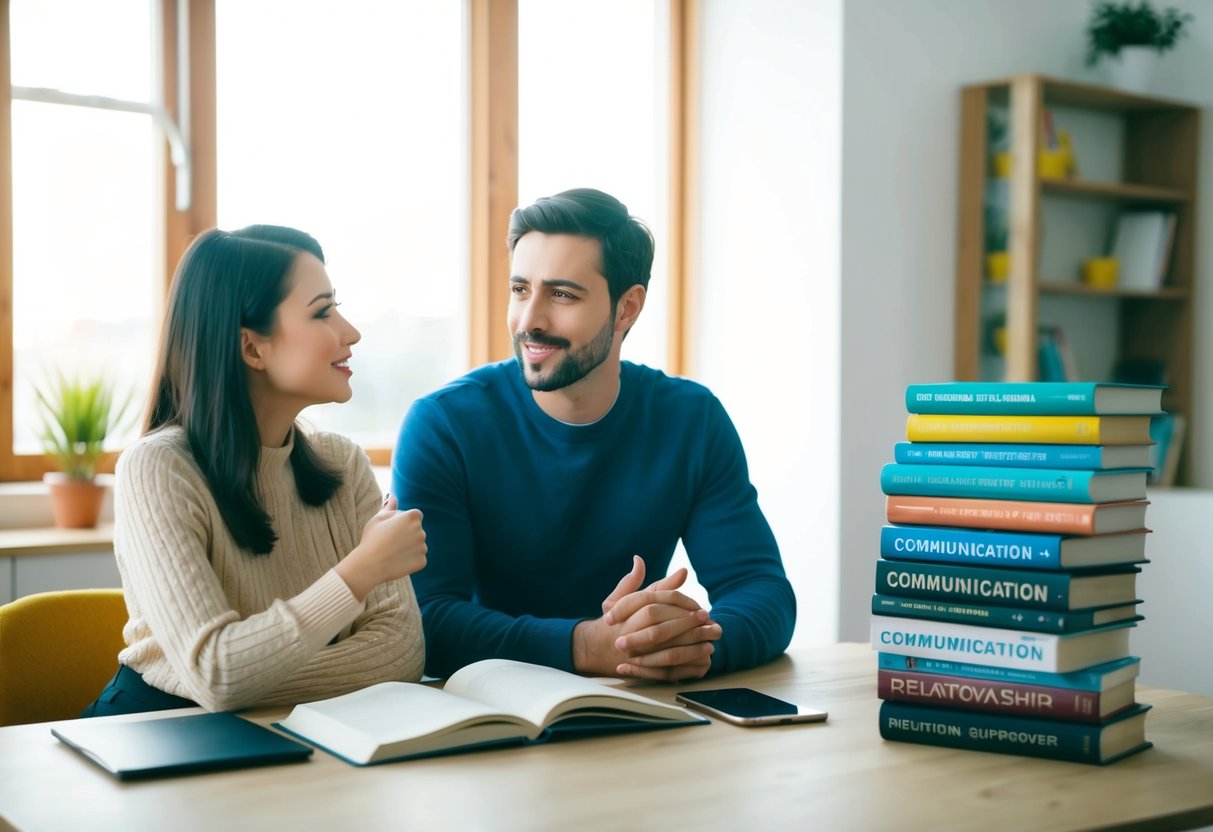 A couple sitting at a table, discussing with open body language. A stack of books on communication and relationship improvement is nearby
