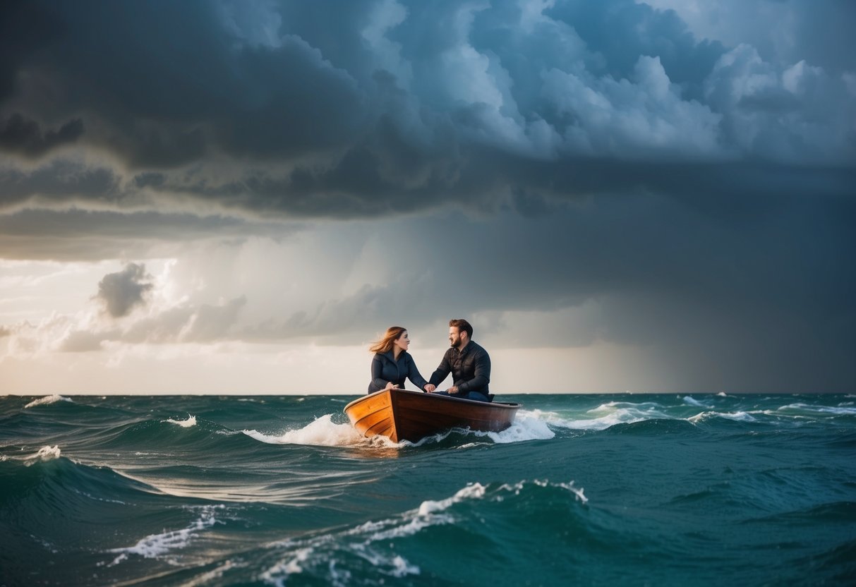 A couple navigating a stormy sea in a small boat, facing turbulent waters and dark clouds, yet holding onto each other and determined to stay afloat