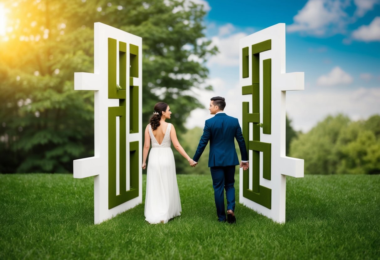 A couple navigating through a maze with one side representing the challenges and adjustments of the first two years of marriage, and the other side symbolizing the growth and strength gained from overcoming those obstacles