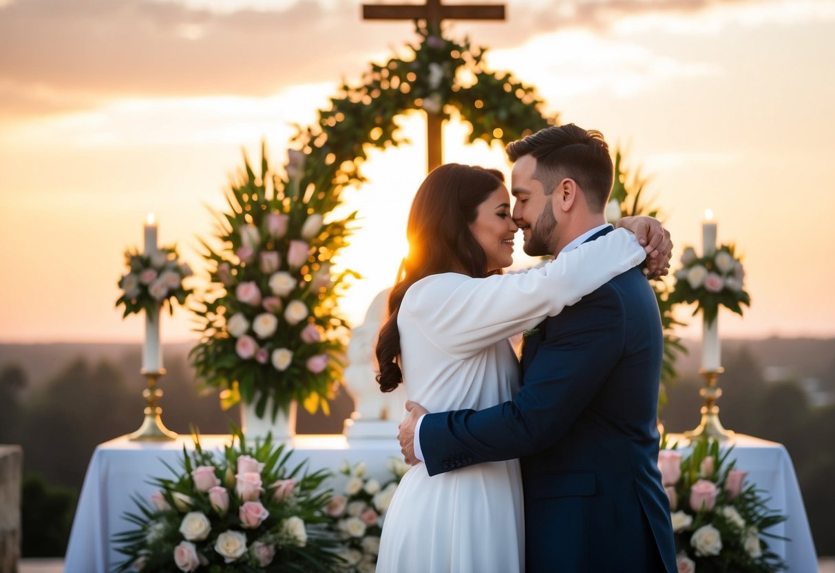Mary and her partner embrace in front of a flower-filled altar. The sun sets behind them, casting a warm glow over the scene