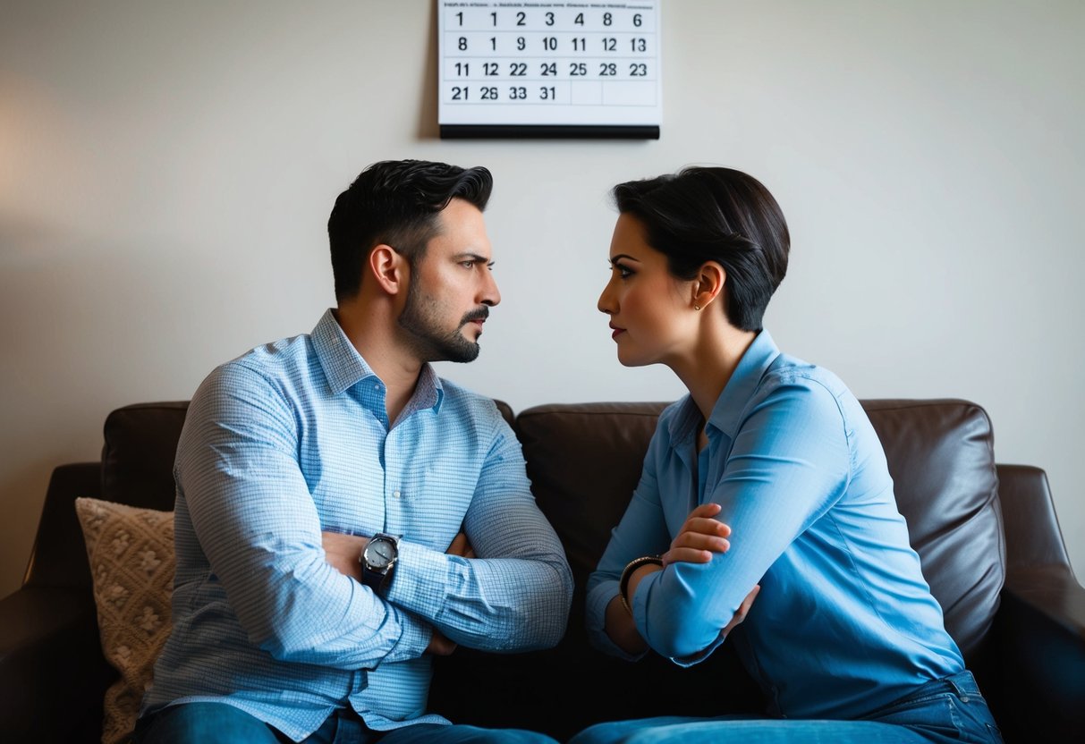 A couple sitting on a couch, facing each other, with tense expressions and crossed arms. A calendar on the wall shows the passage of time
