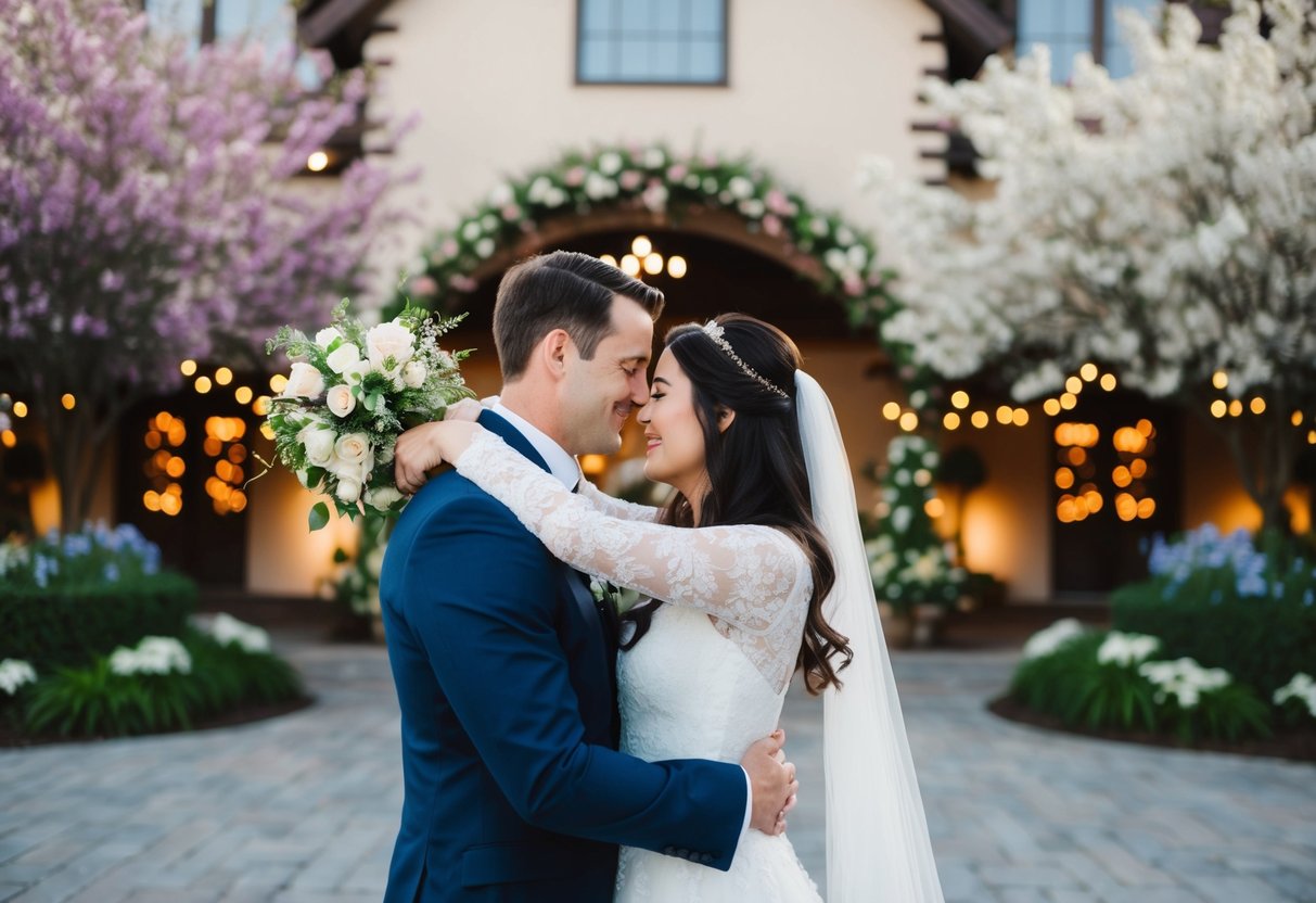 Mary and her love interest embrace in front of a picturesque wedding venue, surrounded by blooming flowers and twinkling lights