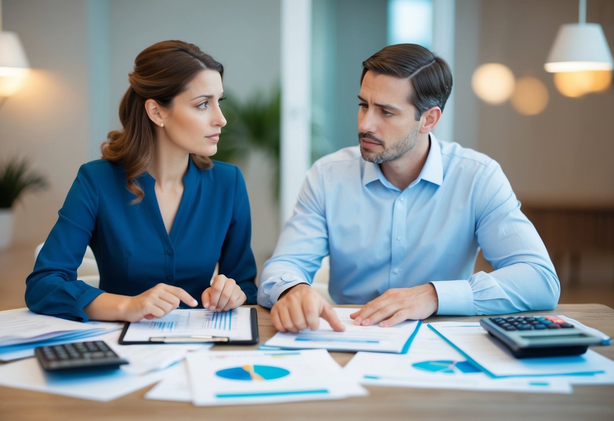 A married couple sitting at a table, surrounded by financial documents and a calculator. They appear deep in discussion, with a look of concern on their faces