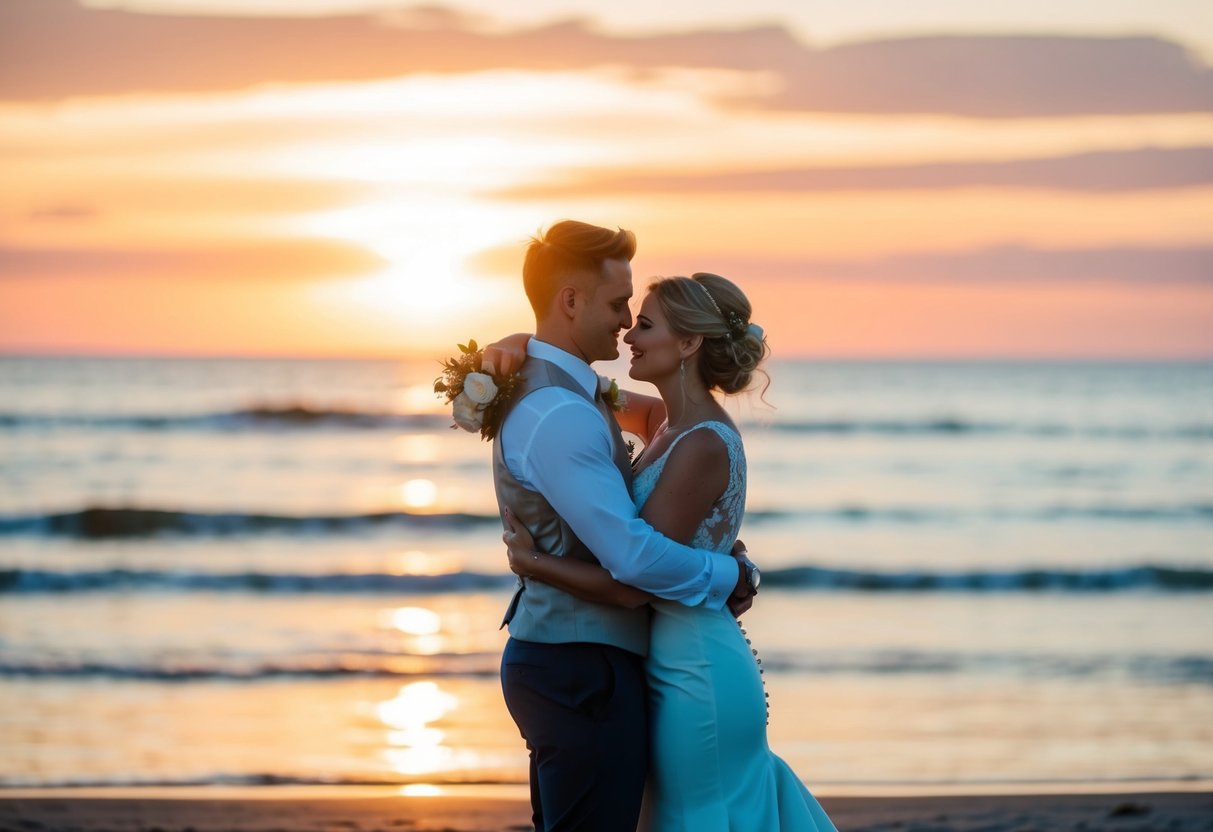 A romantic sunset beach wedding with a couple embracing