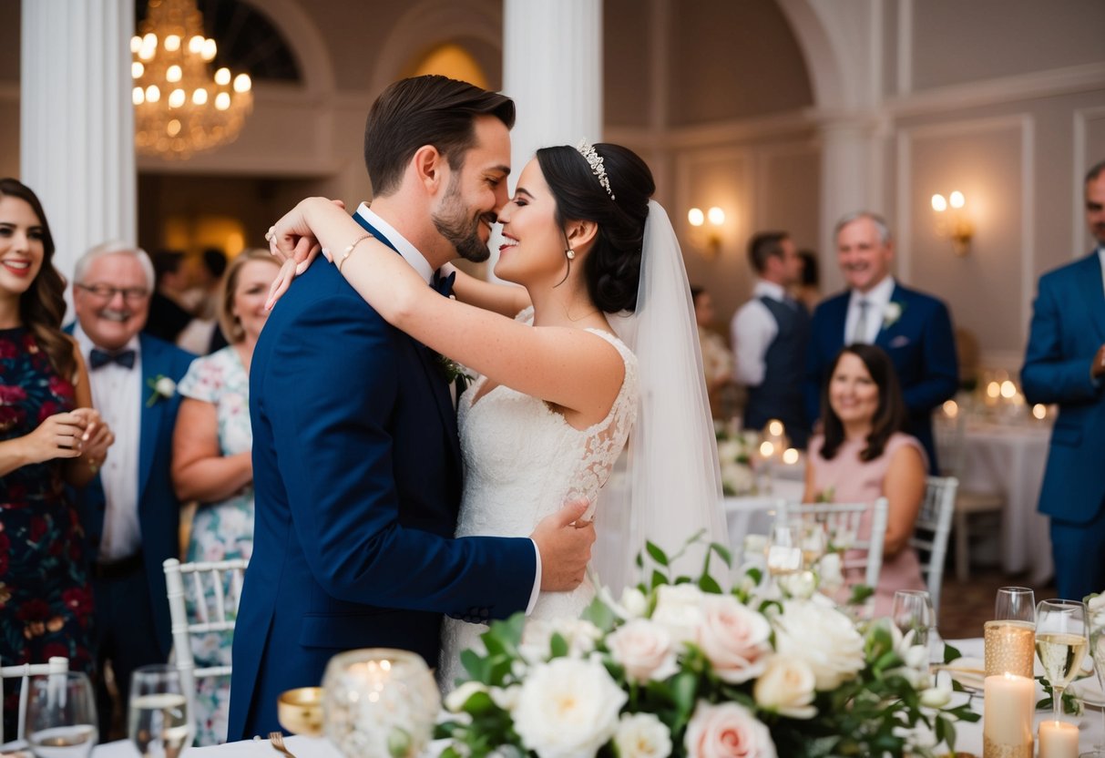Mary and her love interest embrace at a romantic wedding reception, surrounded by happy guests and elegant decor