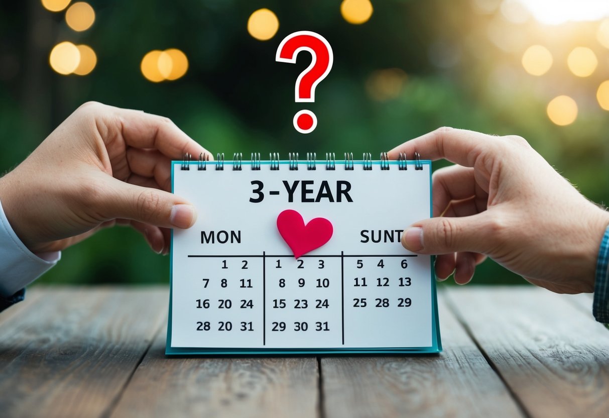 A couple's hands hold a calendar with a heart marking the 3-year engagement. A question mark hovers above, suggesting uncertainty