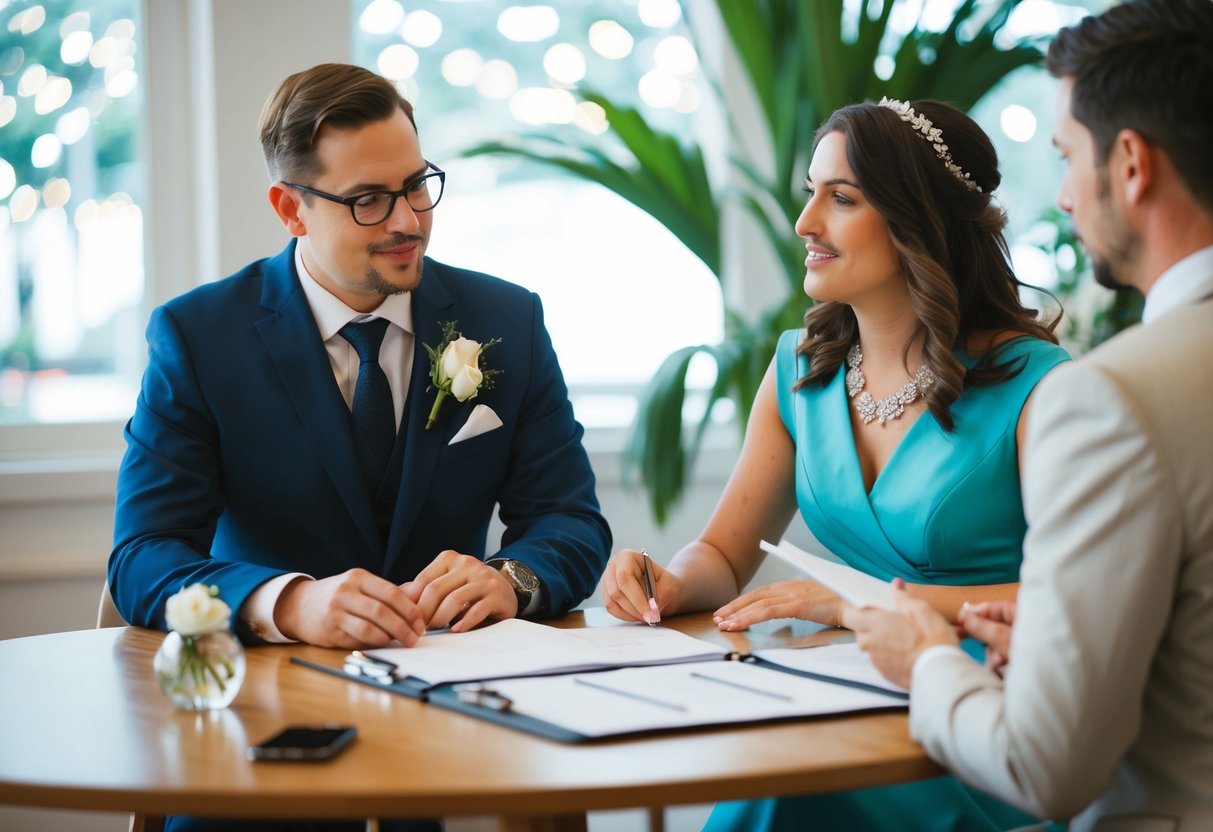 A wedding planner and a couple discussing details at a table