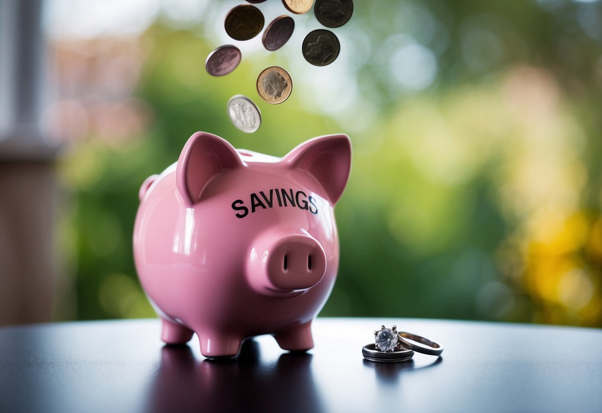 A piggy bank labeled "savings" sits next to a wedding ring on a table. Coins are falling into the piggy bank from above