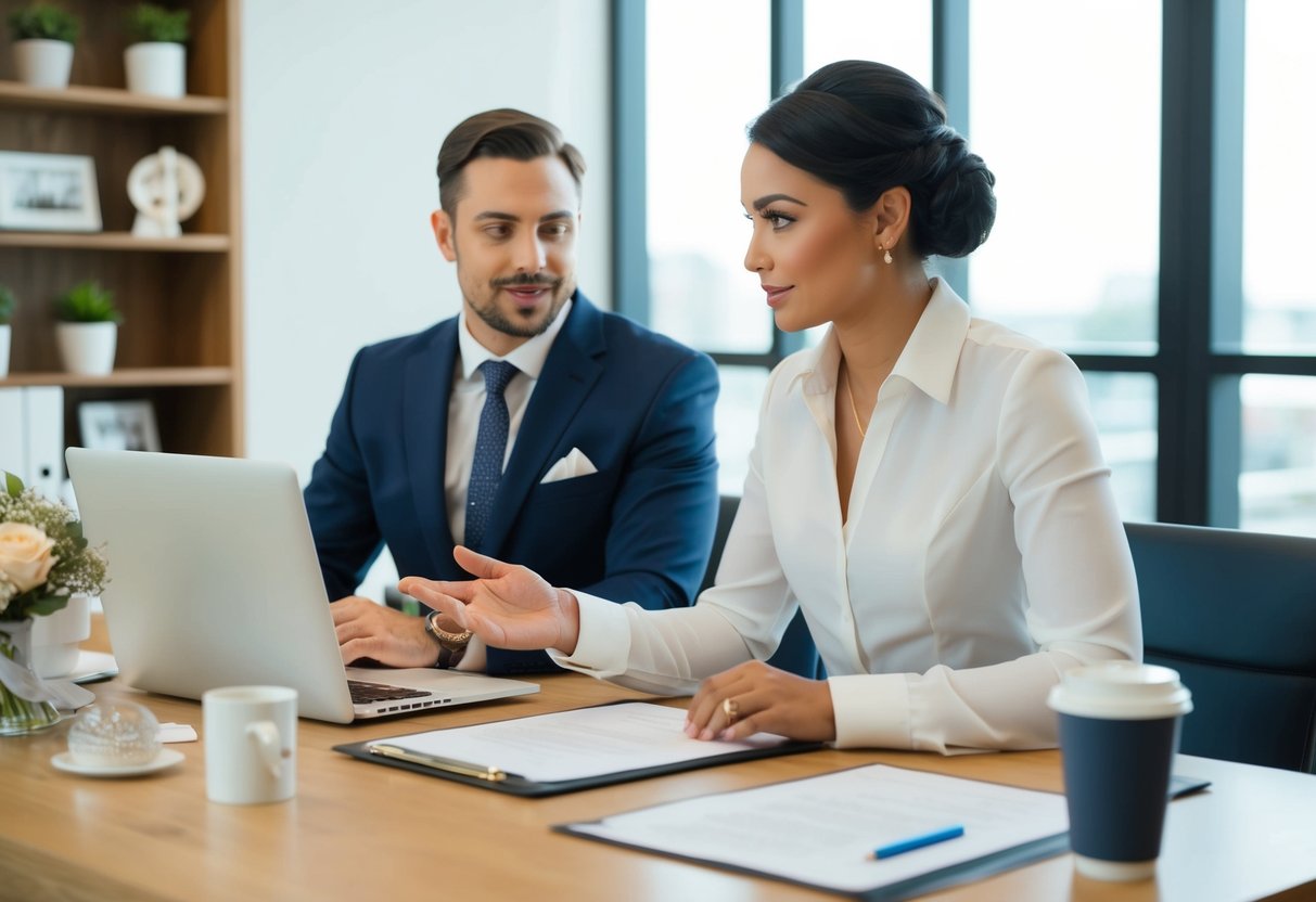A wedding planner sitting at a desk with a client, discussing details and potentially negotiating terms for the big day