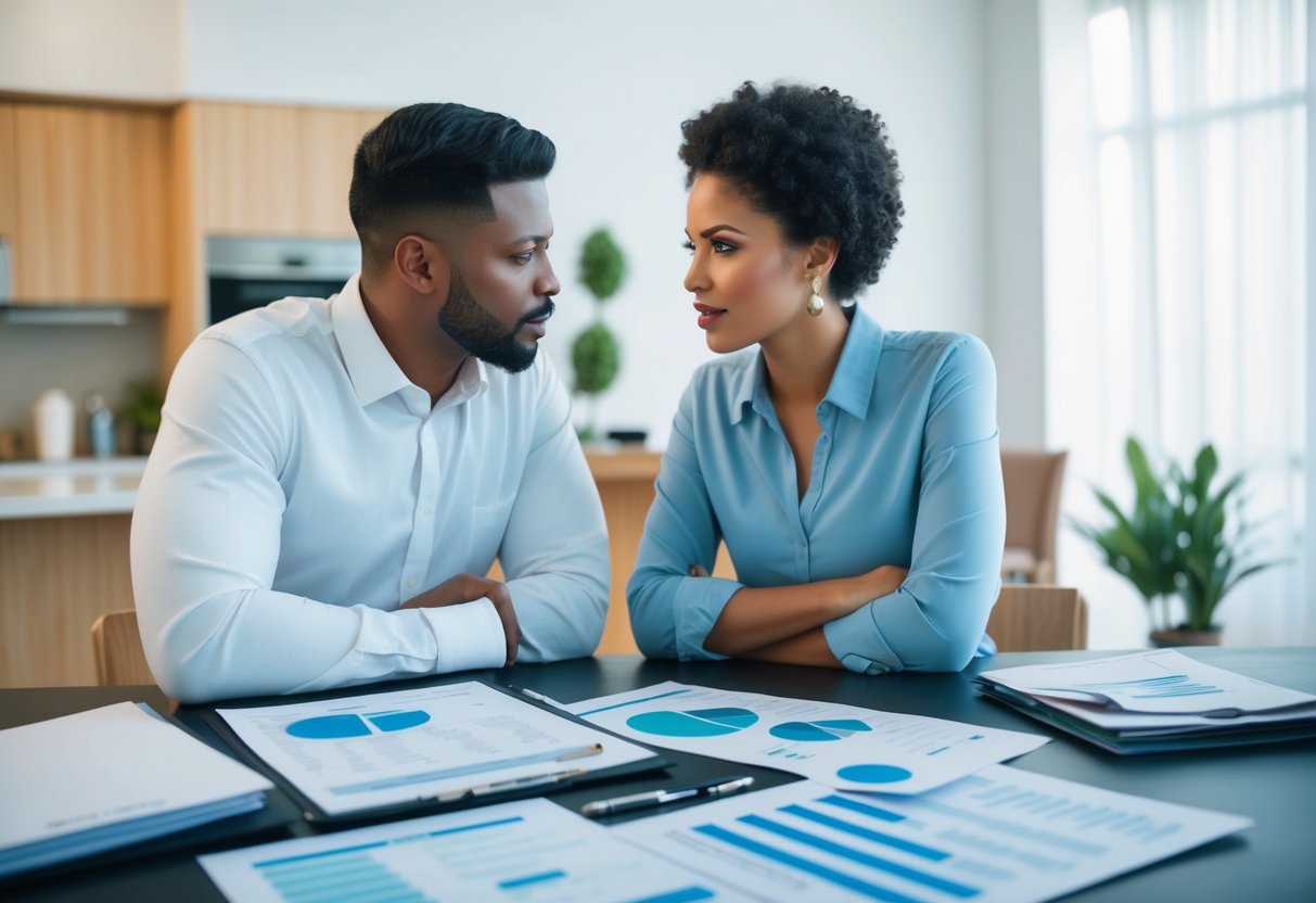 A couple discussing finances at a table, with a budget spreadsheet and financial documents spread out in front of them