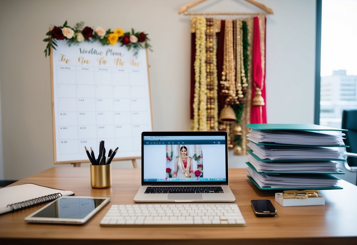 A busy wedding planner's desk with a laptop, calendar, and phone. A mood board with Indian wedding inspiration, and a stack of client files