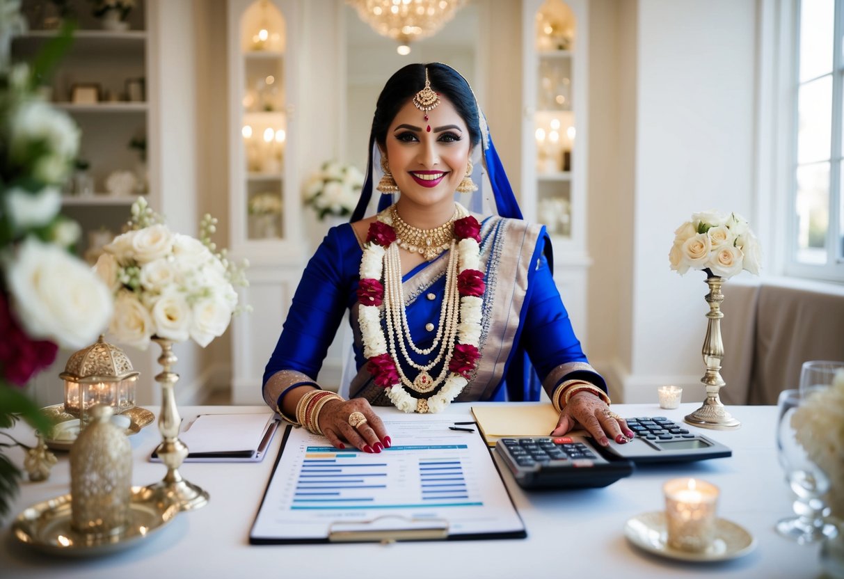 An Indian wedding planner in the UK, surrounded by wedding decor, with a budgeting spreadsheet and calculator on the desk