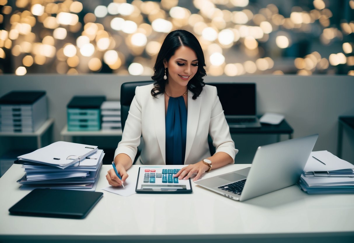 A wedding planner sitting at a desk, surrounded by files and a laptop, calculating expenses and income for a wedding event