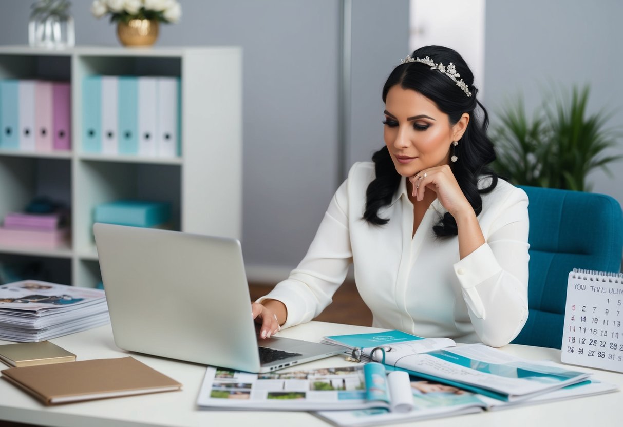 A wedding planner sits at a desk with a laptop, surrounded by wedding magazines and a calendar. They are deep in thought, calculating finances