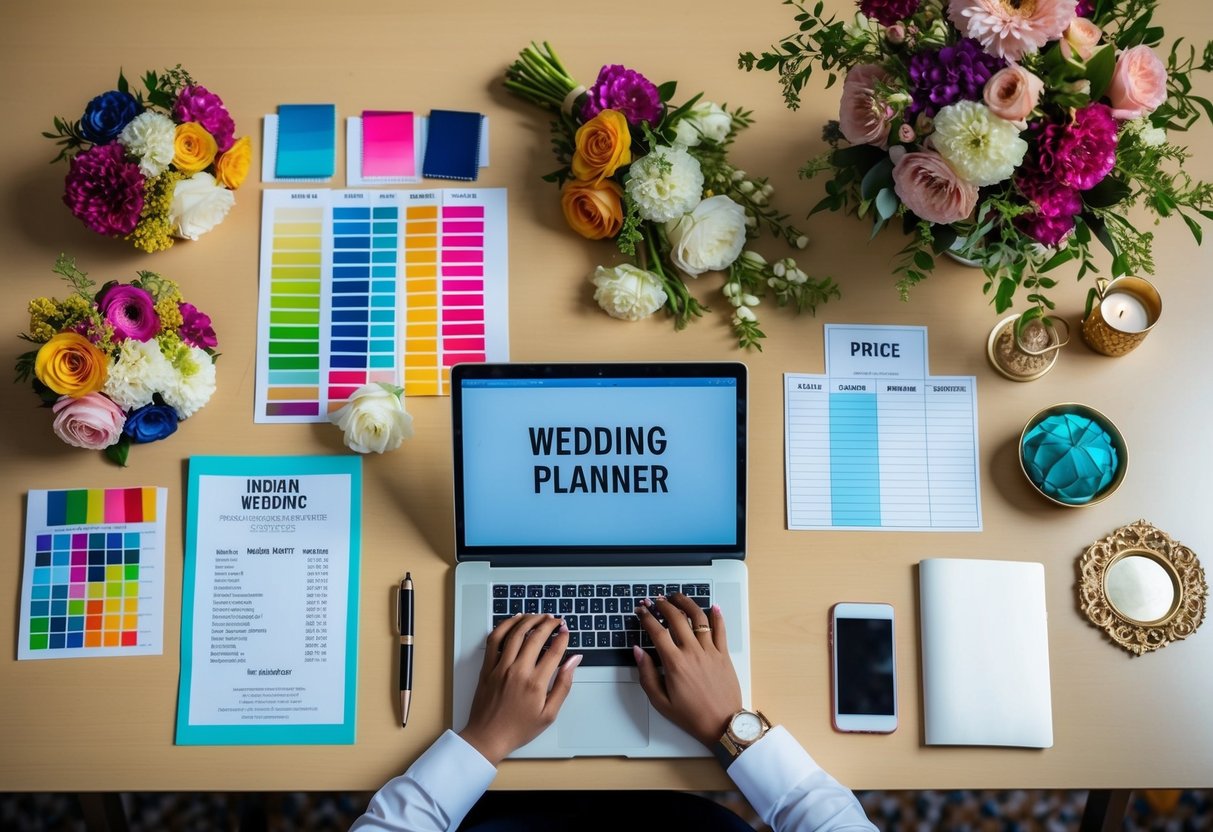 A wedding planner at a desk, surrounded by colorful swatches, floral arrangements, and a laptop. A price list for Indian wedding services is displayed