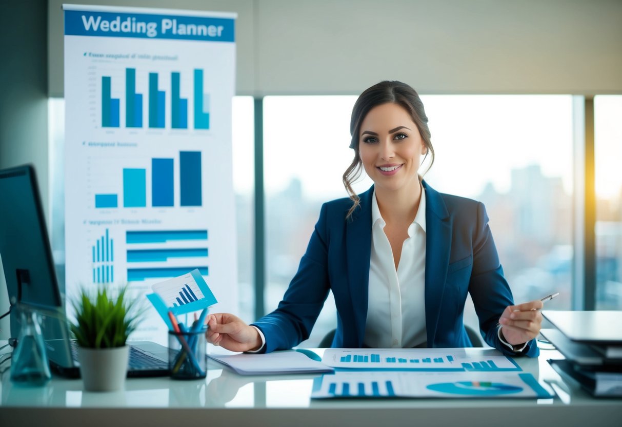 A wedding planner at a desk, surrounded by charts and graphs, researching industry insights and job market trends in the UK