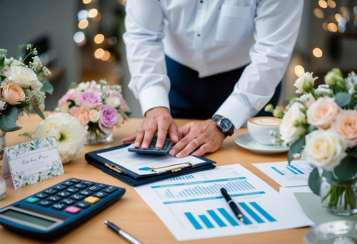 A wedding planner surrounded by various wedding-related items, such as invitations, flowers, and cakes, with a calculator and financial documents on the table