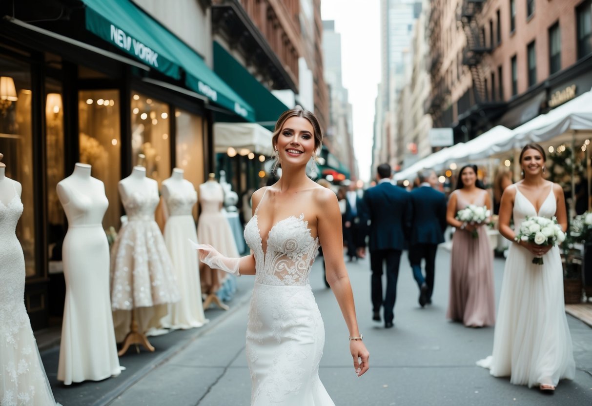 A bustling New York City street with elegant wedding dress shops and vendors selling luxurious wedding accessories
