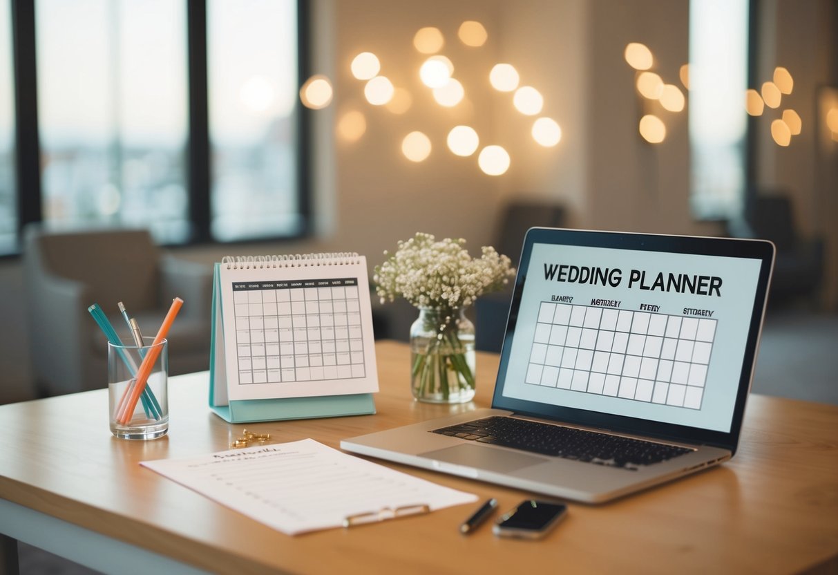 A wedding planner's desk with a calendar, checklist, and laptop