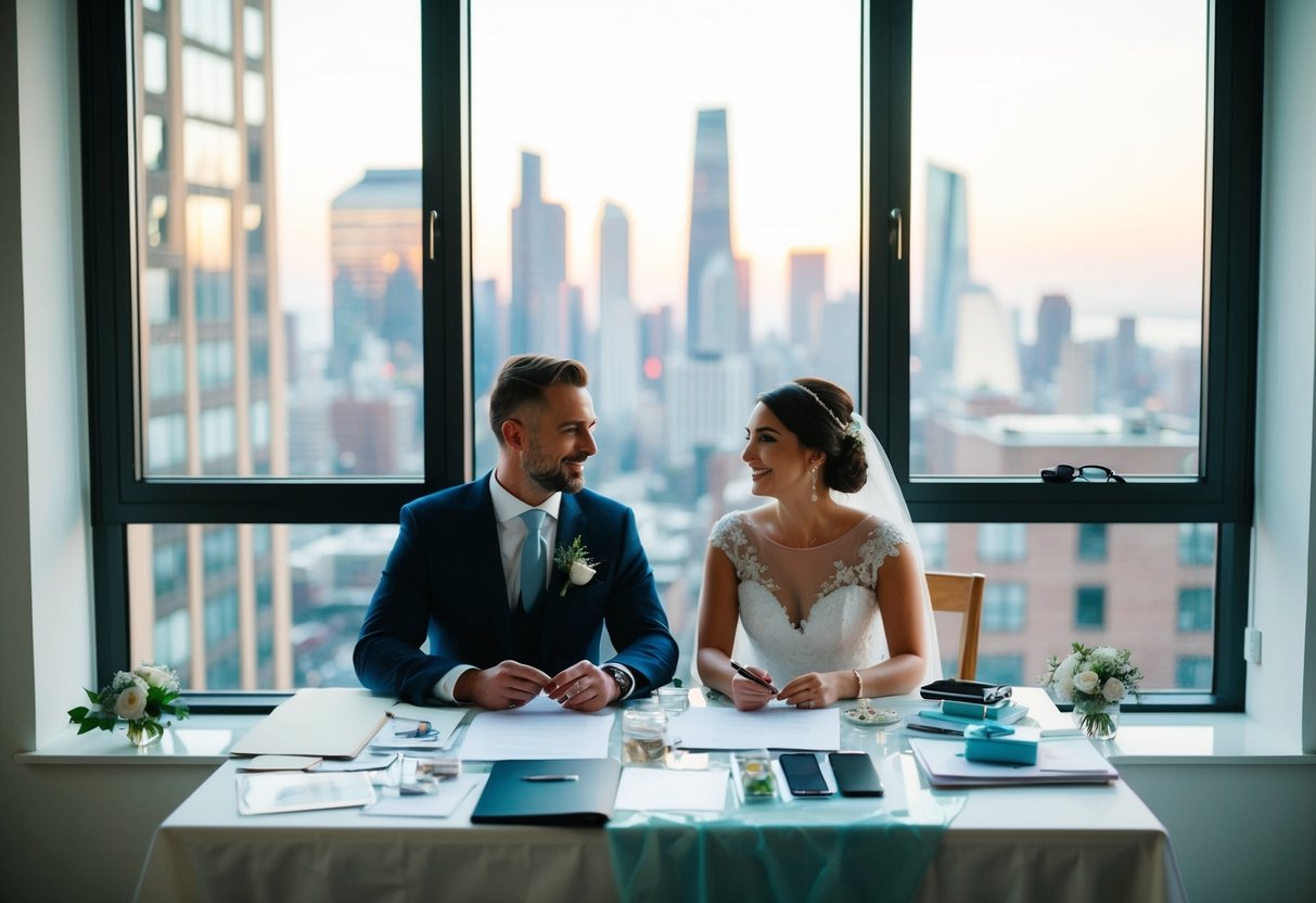 A couple sits at a table covered in wedding planning materials, surrounded by cityscape views from their apartment window