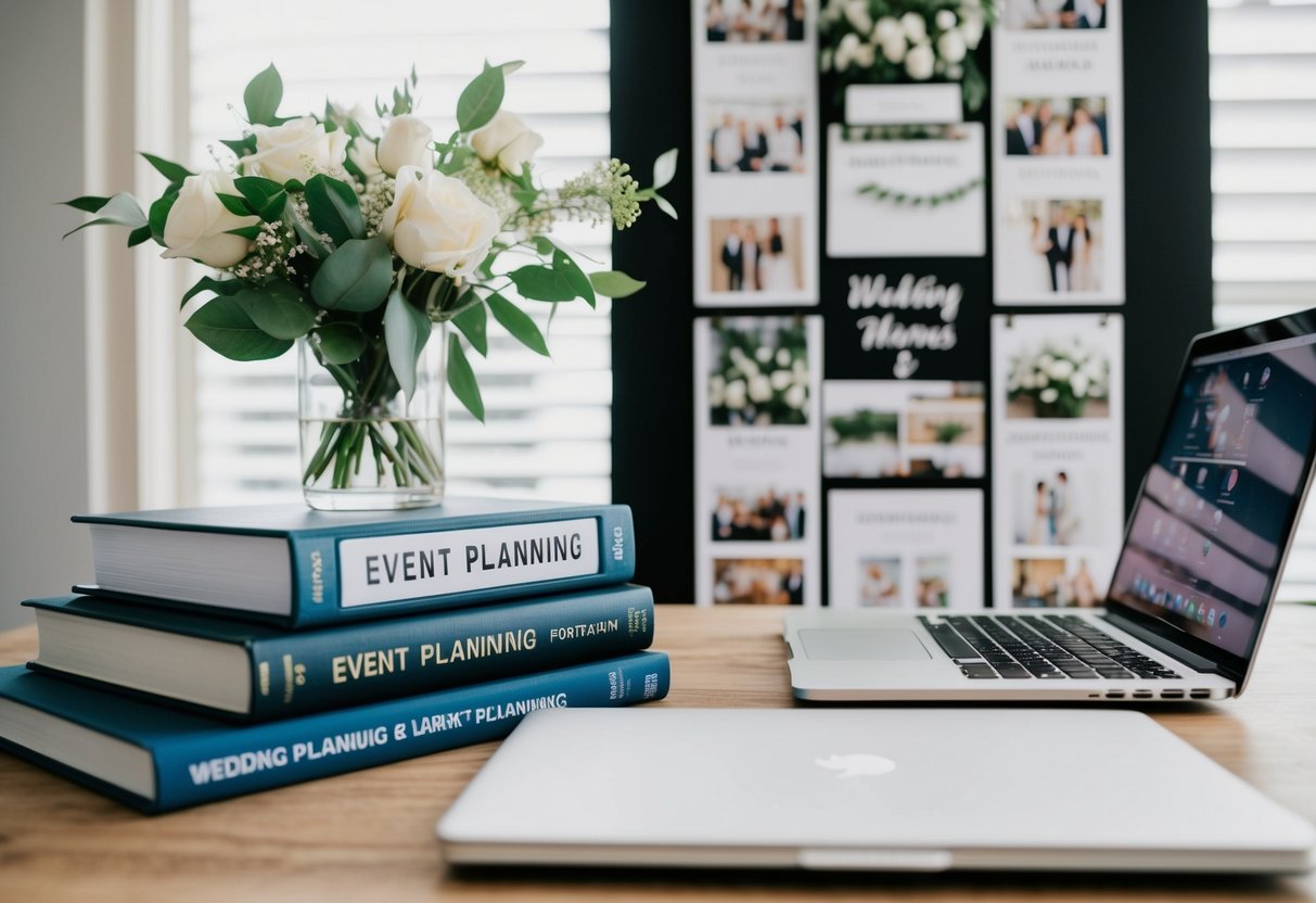 A desk with textbooks on event planning, a laptop, and a mood board of wedding themes and designs