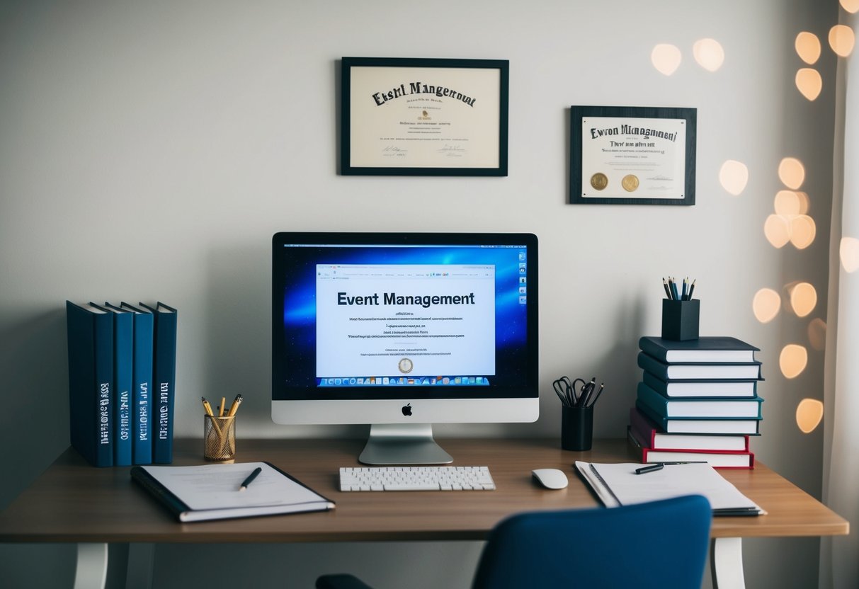 A desk with a computer, planner, and various books on event management. A diploma and certificate hang on the wall