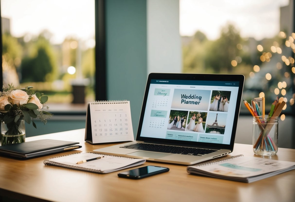 A wedding planner's desk with a laptop, calendar, and wedding magazines