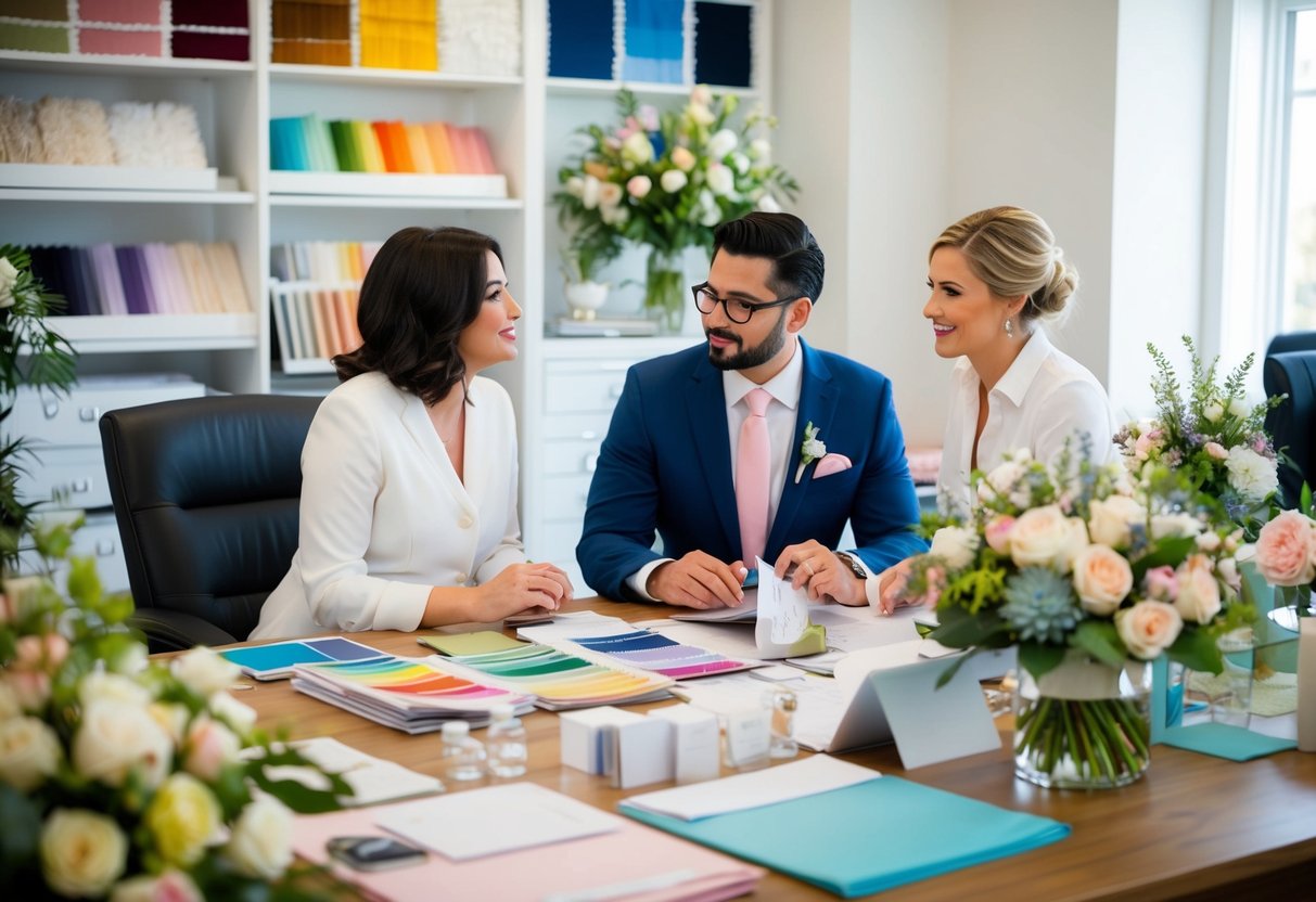 A bustling wedding planner's office, filled with color swatches, fabric samples, and floral arrangements. A busy planner consults with a couple, discussing details for their special day