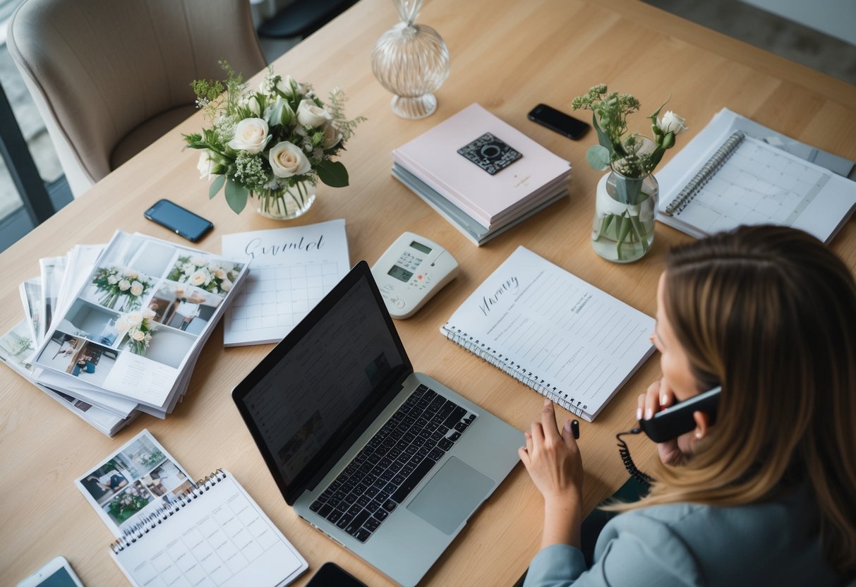 A wedding planner at a desk surrounded by wedding magazines, a calendar, and a laptop, making phone calls and organizing details for upcoming events