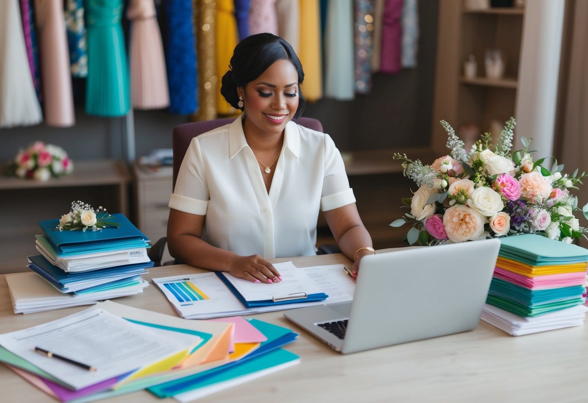 A wedding planner sitting at a desk, surrounded by colorful fabric swatches, floral arrangements, and a stack of paperwork. A laptop open to a budget spreadsheet
