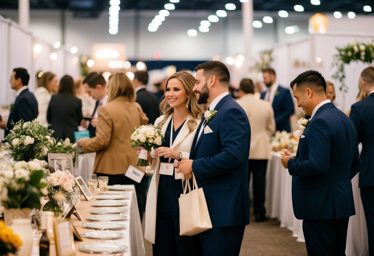 A bustling wedding expo with vendors and couples browsing