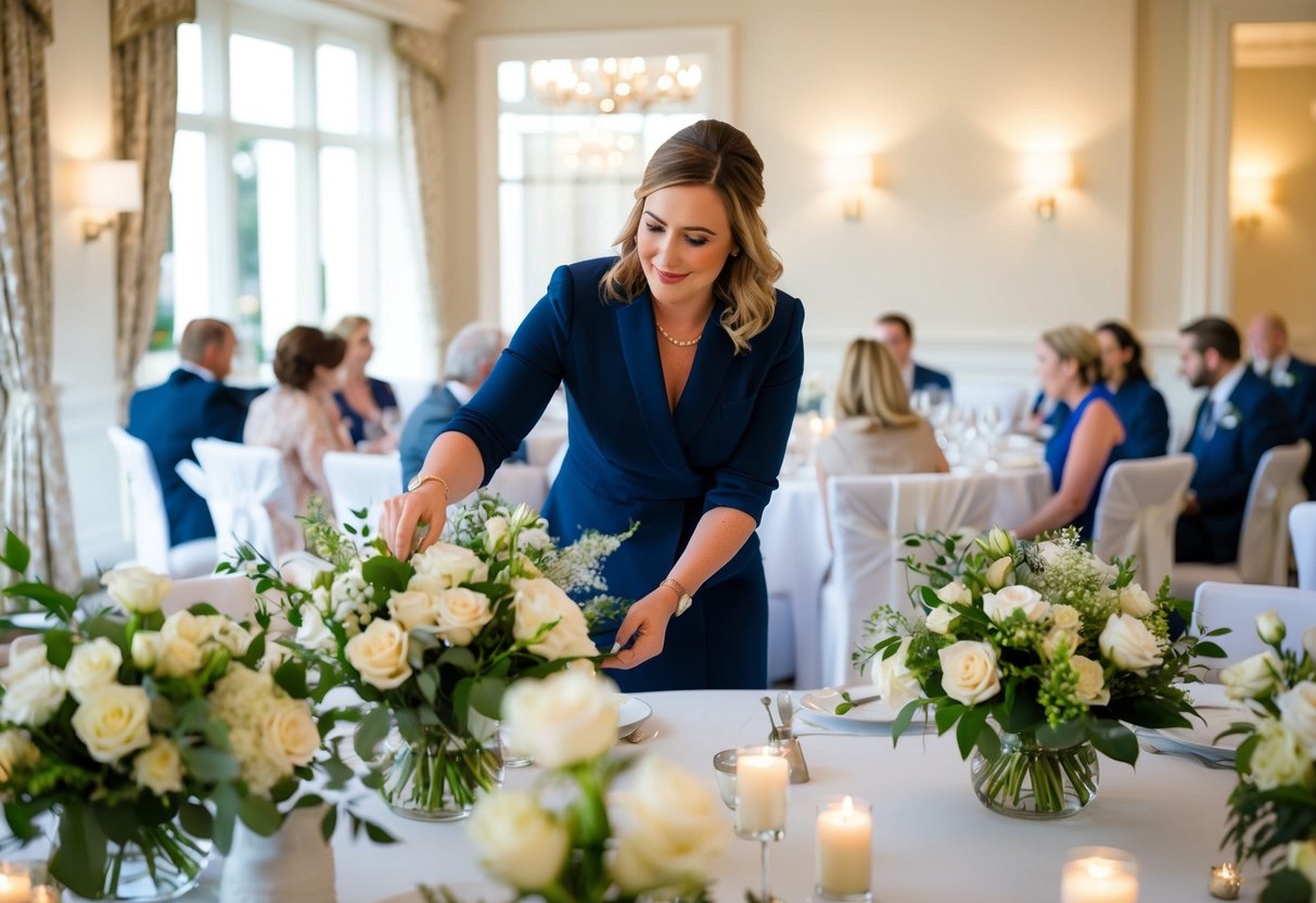 A wedding planner in the UK organizes flowers, seating, and decor for a venue